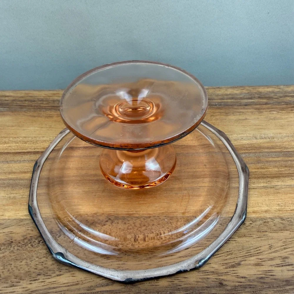 Vintage Pink Depression Glass Octagon Pedestal Cake Stand Silver Rim 5.5in